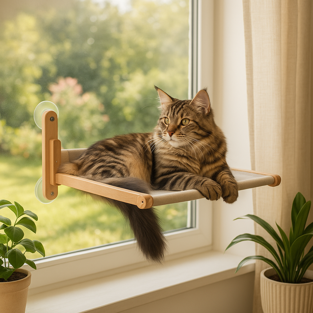 hamac chat fenetre en bois beige hadicats