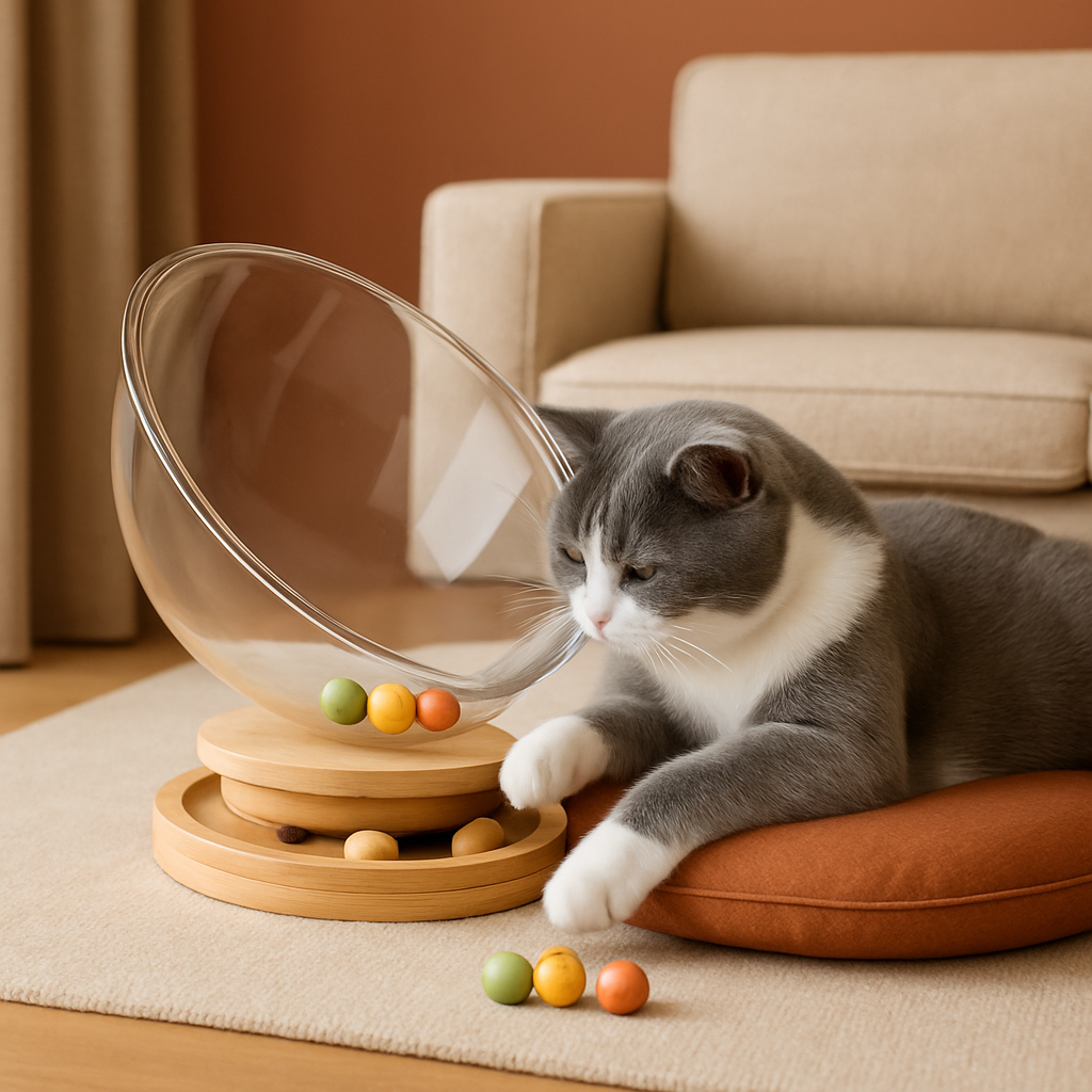 coussin à chat en forme de capsule transparente avec un chat gris et blanc qui joue aux billes