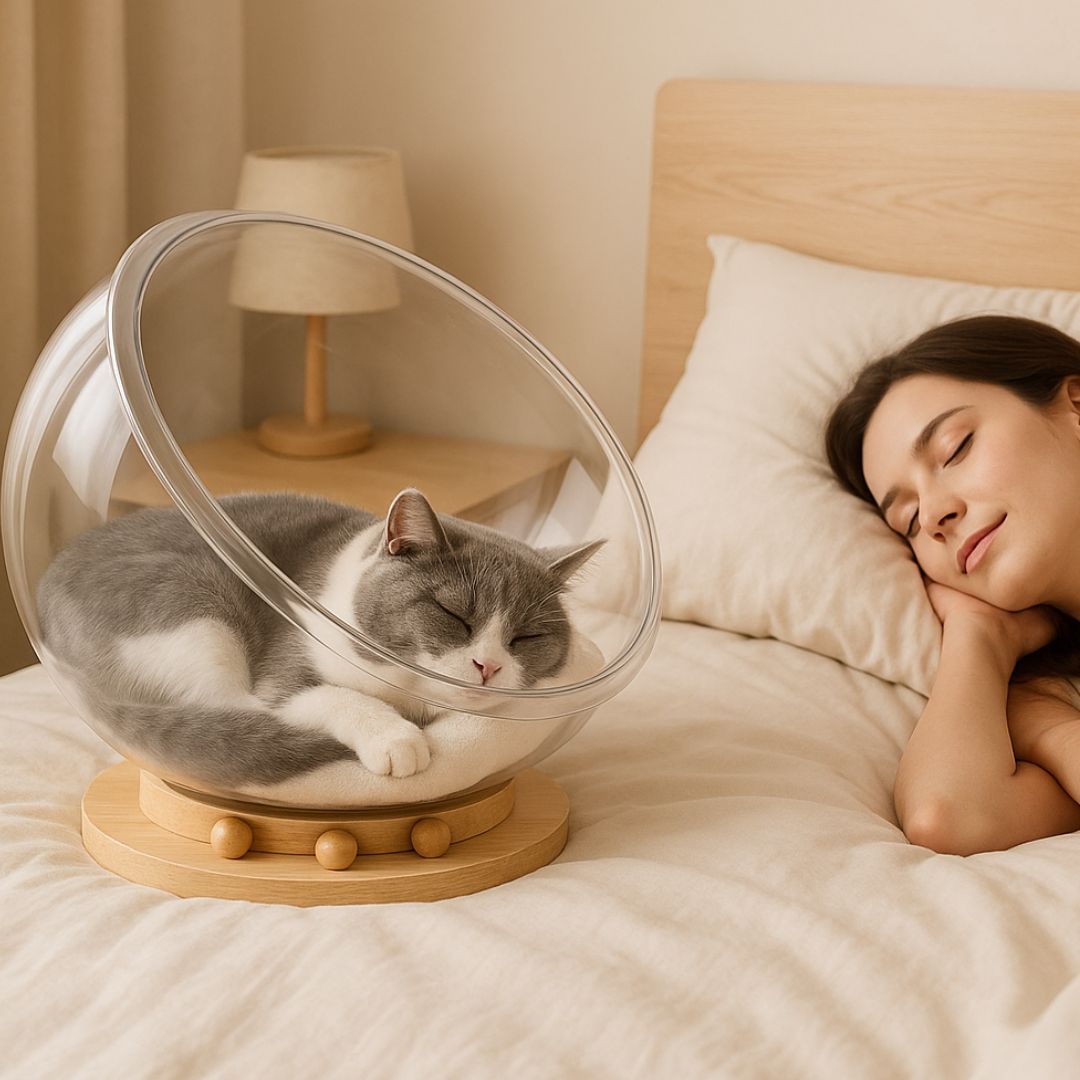 coussin à chat en forme de capsule transparente assez grande avec un chat de couleur gris et blanc