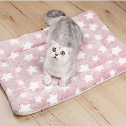 lit pour chat sous forme de couverture de couleur rose moelleux avec un chat se reposant dessus