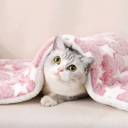 lit pour chat comme couverture de couleur rose avec un chat blanc caché en dessous