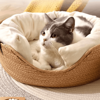 panier chat bambou beige